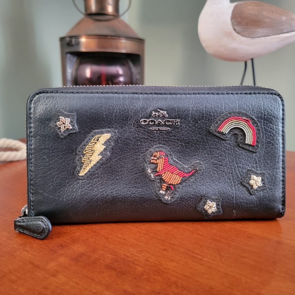 Coach 58485 Rexy Dinosaur Metal Embroidery Black Leather Accordion Wallet